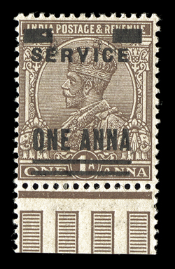 S.G. O107a, 1926 ServiceOne Anna surcharge on 1a chocolate in error, bottom sheet-margin mint single, o.g., light h.r., very fine scarcer than its relatively modest catalog
value would indicate 1969 BPA certificate.