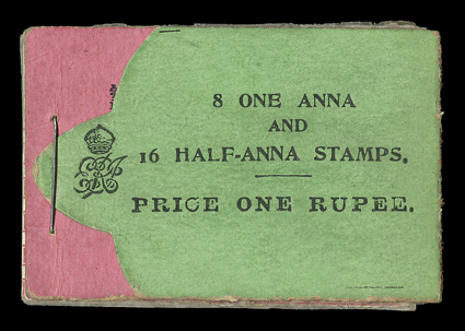 S.G. SB5a, 1907 1R Black on green and pink booklet containing sixteen ½a (149) and eight 1a (150) in blocks of four, without Post Office of India inscription and with the
royal cypher of KEVII, very fine and rare complete booklet.