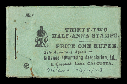 S.G. SB7c, 1922 1R Black on green booklet containing 32 ½a stamps (155) in blocks of four, with Kakomi Table Linen advertisement on back, ms. notation on front cover,
otherwise very fine.