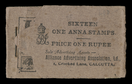 S.G. SB14b, 1922 1R Black on brown booklet containing sixteen 1a stamps (197) in blocks of four, with Lal-imli advertisements on front flap and back cover, cover with opening
crease, still very fine.