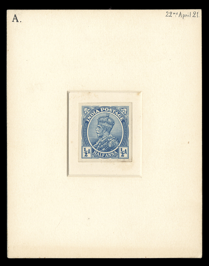 1923 ½a Blue George V essay for postal stationery, 25x27mm typographed essay mounted in recessed area on 90x115mm art board, manuscript 22nd April 21 notation at top right,
very fine and rare.