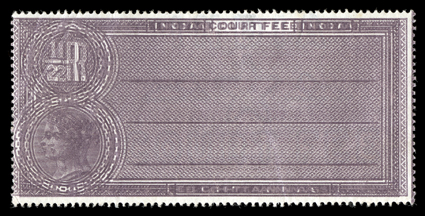 1882 ½R Lilac Court Fee, double impression, striking mint example showing strong doubling of the entire impression, o.g., small h.r., creases, very fine appearance neither
this value nor the double impression is listed in the literature.