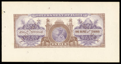 George V 1R8a Nashik print revenue stamped paper color trial specimens, set of fourteen different color combinations with various colors of Specimen printed diagonally at left
and right, one with a mild bend, otherwise fresh and very fine thes