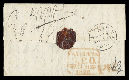 P.O. Meywar F.(ield) Force, clear datestamp with 26 of 1826 year date and 15 Dec added by hand, struck over the backflap of folded letter from Glawlior to Calcutta, manuscript
P.P. 1-2as rate for 737 miles and red boxed Calcutta arrival bac