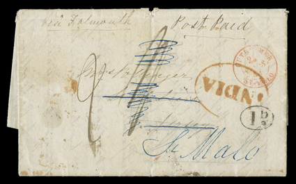 First Afghan War, folded letter datelined Camp Sikhmuh, 2 marches from Lodhgameh, 15th Jany 1843 to St. Heliers, Jersey, endorsed Post Paid and with via Falmouth directive,
red boxed LoodianaJan 17th transit backstamp, red oval India h