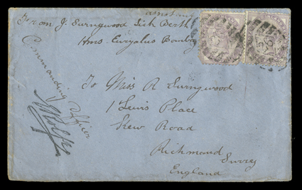 Great Britain S.G. 172, 1881 1d Lilac, two singles (one damaged) tied to cover to England endorsed From J. Swingwood assistant Sick Berth (attendant)HMS Euryalus Bombay and
with handstamped countersignature of the commanding officer, cancelle