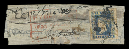 S.G. 4, 1854 ½a Deep blue, die I, ample to huge margins all around, some light creasing and stains from the adhesive, tied by diamond grid to tiny native cover, red boxed 1855
Hyderabad postmark and Indore backstamp, very fine usage.
