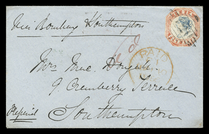 S.G. 19, 1854 4a Blue and red, 2nd printing, head die II, frame die I, cut to shape and tied by 120 in diamond cancel to cover to Southampton with Via Marseilles and
Southampton directive, red Augor28 Feb 1855 backstamp, red entry c.d.s.