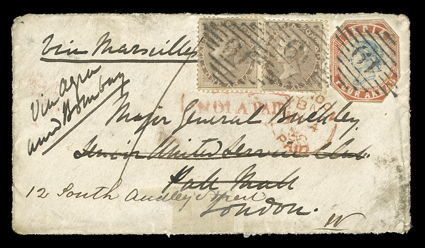 S.G. 21, 1855 4a Blue and red, 3rd printing, head die III, frame die I, cut to shape and tied along with two 1856 1a Brown (S.G. 39) by three strikes of 49 in five instead of
four parallel bars above and below the number (Cooper type 5 var.,