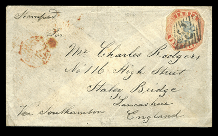 S.G. 23, 1855 4a Blue and red, 4th printing, head die III, frame die II, cut to shape and cancelled by 35 in diamond grid on cover to England, indistinct red origin backstamp,
Via Southampton directive, red BombayJa 10, 62, Manchester and