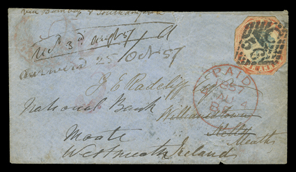 S.G. 23, 1855 4a Blue and red, 4th printing, head die III, frame die II, cut to shape and tied by bold C56 in diamond of dots cancel to cover to Meath, Ireland redirected to
Moate, Via Bombay and Southampton directive, red Secundrabad origi