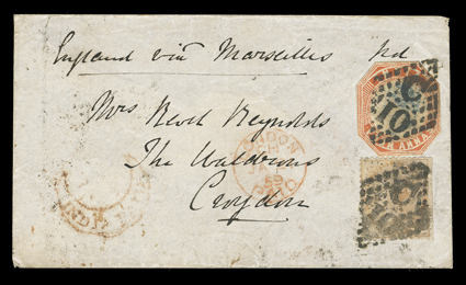 S.G. 23, 1855 4a Blue and red, 4th printing, head die III, frame die II, cut to shape and tied along with 1856 2a Orange (S.G. 44) by two bold strikes of C10 in diamond of
dots cancel to cover to Croydon, England via Marseilles directive,