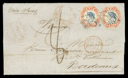 S.G. 23, 1855 4a Blue and red, 4th printing, head die III, frame die II, two singles cut to shape and tied by C1 in diamond of dots cancel to folded letter to Bordeaux, red
Madras1857Ja 28 datestamp and red India Paid in crescent, Via