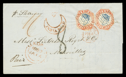 S.G. 23, 1855 4a Blue and red, 4th printing, head die III, frame die II, two singles cut to shape and tied by mute diamond of dots cancels to fresh folded letter to
Marseilles, red Madras1857Ja 14 datestamp and India Paid in crescent, red