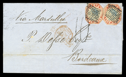 S.G. 23, 1855 4a Blue and red, 4th printing, head die III, frame die II, two singles cut to shape and tied to 1855 folded letter to Bordeaux by two strikes of mute diamond
grid, Via Marseilles directive, Bombay backstamp and red French entry d