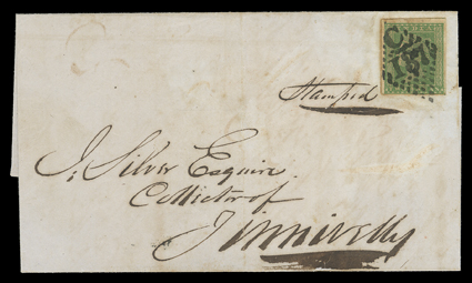 S.G. 31, 1854 2a Yellow green, ample to large margins all around, tied by bold C137 in diamond of dots cancel to folded cover, red boxed Tuocorern8th-4-56Paid and
Palamcottah1856 April 9Paid backstamps, very fine.