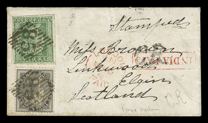 S.G. 31, 1854 2a Green, ample to large margins all around, tied along with 1856 4a Black (S.G. 45) by 85 in diamond cancels to small cover to Elgin, Scotland, red boxed
Belgaum1858 Feb 5Paid backstamp, boxed India Paid and London transi