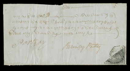 S.G. 35b, 1855 4a Black on blue glazed paper, half used on cover, the lower left diagonal half, well tied to folded cover to Porto Novo across the bisect by octagonal B172
postmark of Singapore (Straits Settlements S.G. Z68a) to pay the