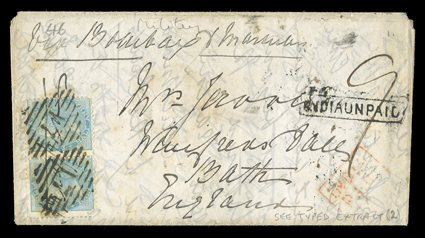 S.G. 37, 38, 1856 ½a Blue and ½a Pale blue, single of former and horizontal pair of latter tied to separate Jervois correspondence folded letters to Bath, England written
during the Indian Mutiny Period, first written from Jiuapore Sept 29th