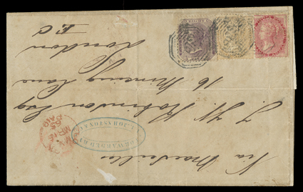 S.G. 42, 48, 52, 1859 2a Yellow-buff, 1856 8a Carmine and 1860 8p Purple, singles of each tied to folded cover to London by three strikes of octagonal B172 postmark of
Singapore (S.G. Z73, Z78, Z80), double ring Singapore backstamp, blue do