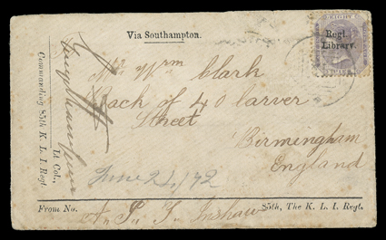 S.G. 56, 1865 8p Purple, with Regimental overprints, two covers to England, first with Regl.Library. overprint on 20th May, 1872 cover from Umballa, the second from Ferozepore
on 19th March, 1873 with 2-12th.Regtl.Library overprint, both