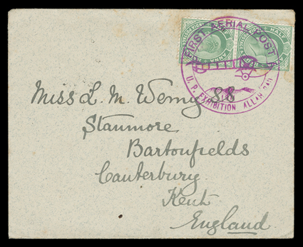 1911 Worlds First Official Air Mail Flight, Allahabad, flown cover to England franked by pair Edward VII ½a Yellow-green tied by well struck magenta First Aerial PostU.P.
Exhibition Allahabad, 1911 flight cachet, backstamped Allahabad Feb. 18