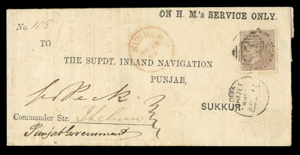 S.G. O3, 1866 Service overprint on 1a Brown, tied by Dera Ghazee Khan numeral 65 duplex postmark to official 1867 partially printed folded notice to Sukkur, red MooltanAp 16,
67 hexagonal transit backstamp and red SukkurAp 18, 67 arr