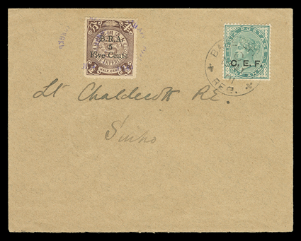 Boxer rebellion group of sixteen covers or cards with Indian stamps overprinted C.E.F., includes two additionally franked by 1901 5c on ½c Brown British Railway Administration
adhesive, others mostly usages to England or India, including one re
