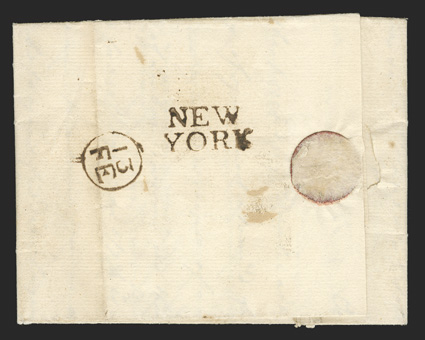 NEWYORK two-line handstamp on reverse of 1767 folded letter datelined London 27 Aug 1767 to Newport, R.I., with 13 FE in circle also on reverse, ms. 18 rate mark on front, the
handstamp strike is exceptionally strong and sharp, very fine 2