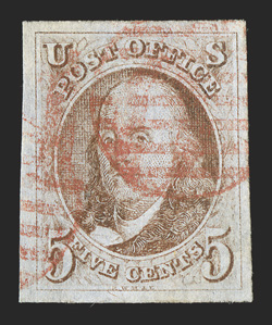 1, 5c Red brown, an exceedingly handsome and choice used single, featuring lavishly large and well balanced margins all around, warm color from a late printing, red grid
cancels, extremely fine an especially large-margined gem 2010 PF certific
