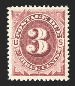 J24, 3c Bright claret, exceptionally well centered within lavishly large margins, brilliantly rich color, flawless o.g., n.h., extremely fine 2003 PF certificate and a 2008
PSE certificate (VF-XF 85 Jumbo SMQ $275.00 for 85 and $400.00 for 90)