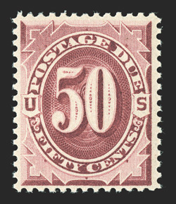 J28, 50c Bright claret, pristine mint example, with radiant rich color and a deeply etched impression, unblemished o.g., never hinged (scarce thus), very fine 2007 PSE
certificate.