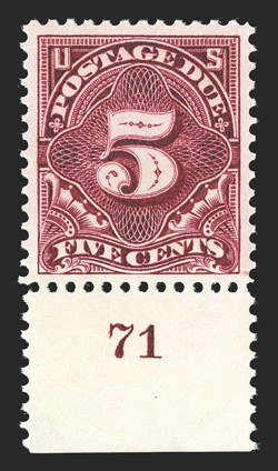 J41, 5c Deep claret, highly desirable bottom margin plate no. 71 single, being remarkably well centered within large margins, intensely rich color and a deeply etched
impression, immaculate o.g., n.h., an extremely fine gem in every respect 200