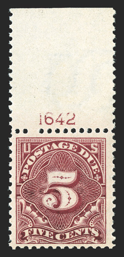J41, 5c Deep claret, top margin plate no. 1642 single, well centered within wide margins, bright color, o.g., n.h., very fine 2010 PSE certificate for the strip of three from
which this came.