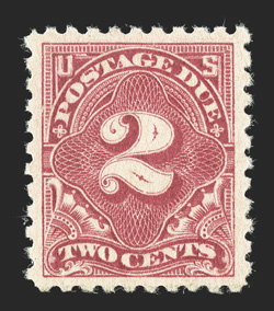 J60, 2c Rose, an outstanding mint example of this difficult postage due stamp, possessing remarkable centering within much larger margins than typically found, wonderfully
bright color, immaculate o.g., n.h., an extremely fine gem 2007 PSE cert