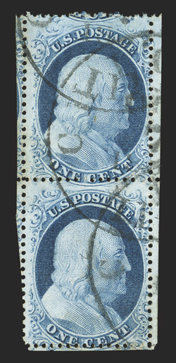 23, 1c Blue, Ty. IV, vertical pair, pos. 20-30L1L, scissor separated so as to include portions of the adjacent stamp on three sides, strong and intact, town cancels, centered a
bit to base, very good.