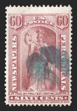 PR20, 60c Rose, scarce used example, brilliantly rich color, cancelled by a blue cork handstamp unlike the usual pen or brush stroke cancels, very fine 2005 PSE
certificate.
