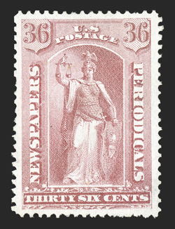 PR42, 36c Pale rose special printing, without gum as issued, an incomparable example of this rare Special Printing, being one of the finest of the only 330 stamps issued, as
this gem is marvelously well centered within incredibly large margi