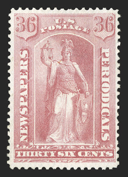 PR42, 36c Pale rose special printing, without gum as issued, handsome example of this rare special printing, being exceptionally well centered amid uncharacteristically large
margins, plus its color is especially vibrant and its impression detai