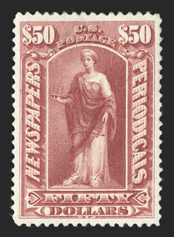 PR112, $50.00 Dull rose, a magnificent mint example of this very scarce stamp, possessing margins of enormous size and being incredibly well centered within them, contributing
further to this stamps extraordinary eye-appeal is its rich luxurian