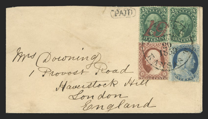 24, 26, 33, 1c Blue, Ty. V, 3c Dull red, 10c Green, Ty. III, horizontal pair of 10c and singles of other two, neatly arranged in a block form and tied by a Sumner, Kansas T.
Sep 20 1859 c.d.s. on cover to London, England, small Paid handstam