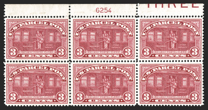 Q3, 3c Parcel Post, top sheet margin imprint and plate no. 6254 block of six, exceptionally well centered throughout, rich color and very fresh, o.g., n.h., extremely
fine.