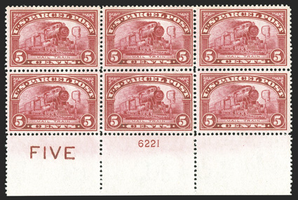 Q5, 5c Parcel Post, wide bottom margin FIVE and plate no. 6221 block of six, fresh and well centered, strong and intact, o.g., top center stamp l.h., the others all n.h., very
fine.