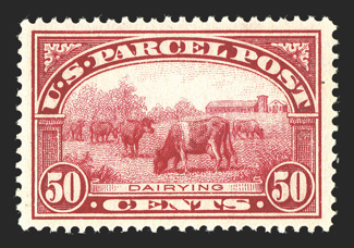 Q10, 50c Parcel Post, exceptionally well centered within wide margins, strong color, o.g., n.h., extremely fine and choice 2008 PSE certificate (XF 90 SMQ
$1,250.00).