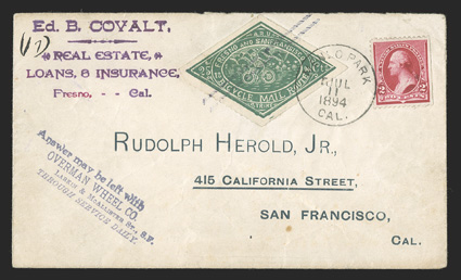 12L1, Bicycle Mail Route, California, 25c Green, spelling error San Fransisco, excellent centering amid large margins, tied by parallel bars cancel, used in conjunction with
2c Carmine (220, natural s.e. at right), entered the mails with clea