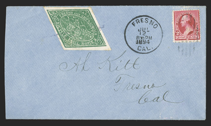 12L2, Bicycle Mail Route, California, 25c Green, corrected die, nicely centered and margined, tied by violet two parallel bars cancel, used in conjunction with 2c Carmine
(220) tied by duplex postmark, entered the mails with bold Fresno, Cal.