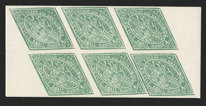 12L2a, Bicycle Mail Route, California, 25c Green, imperforate vertically, pane of six, o.g., two h.r.s at top (one in the selvage), bottom stamps n.h., left pair with usual
minor gum creases, very fine bottom stamps signed as genuine by Arthur
