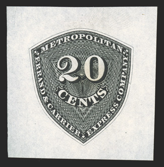 107L4TC, Metropolitan Errand and Carrier Express Co., New York N.Y., 20c Black trial color plate proof, large balanced margins all around, deep color, very fine and
scarce.