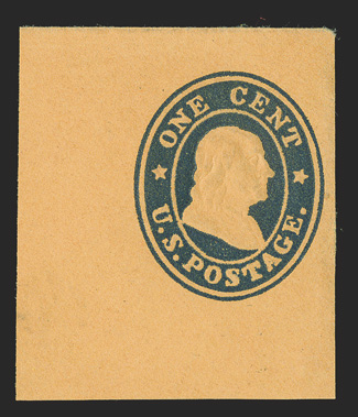 U23, 1c Blue on orange, 39x34mm mint cut square with top flap, strong color and embossing, flap thinned, cut square very fine signed SS&CCO. (Scott Stamp &
Coin).