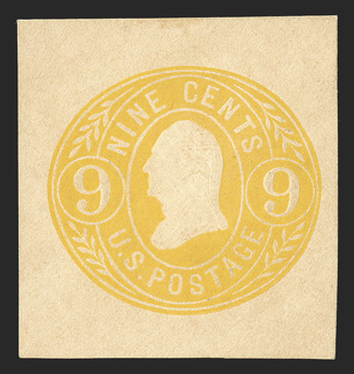 U66, 9c Lemon on buff, 35x37mm mint cut square, radiant true lemon color on fresh paper, very fine.